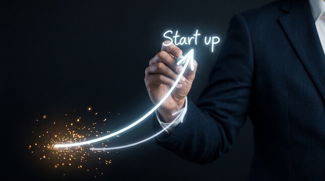 Executive in a suit initiating a startup by drawing a bright upward arrow graph, representing new business ventures and ambitious growth.