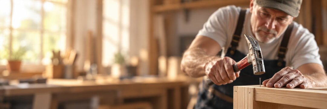 Middle-aged man wearing work clothes uses a hammer on a wooden frame in a bright woodworking workshop. Skilled craftsmanship and manual labor concept.