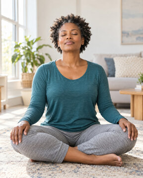 Adult Black woman sits cross-legged with closed eyes and hands resting on her knees in a bright living room, practicing calm mindfulness and relaxation.
