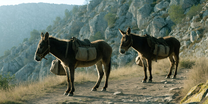 Two sturdy pack mules on a sunlit mountain trail with saddlebags
