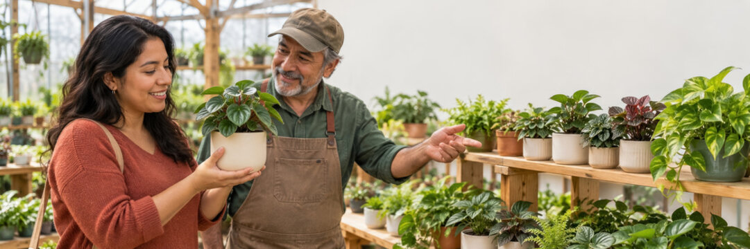 Adult woman and senior man examine a potted plant together inside a bright garden nursery. The scene suggests plant care, shopping, and gardening advice.