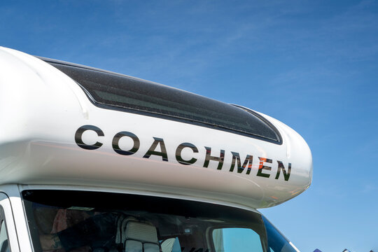 Loveland, CO, USA - August 21, 2026: Detail and logo of Cross Trail XL Class C gas motorhome by Coachmen.