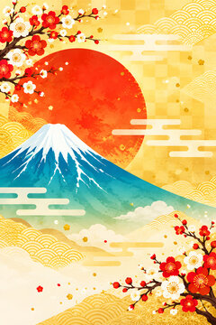Mount fuji, red sun, plum blossoms, japanese new year background, with gold patterns