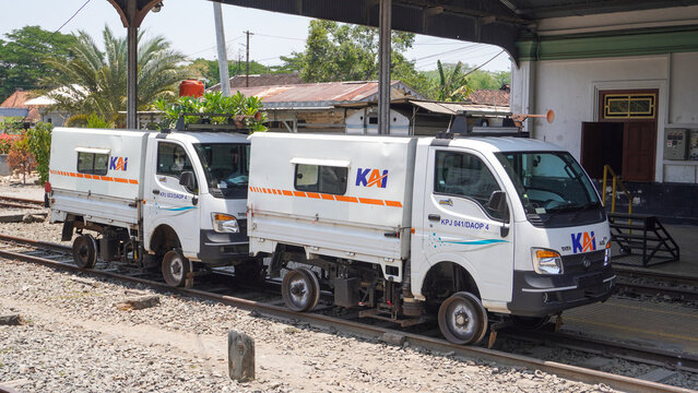 Track inspection vehicles (Kendaraan Pemeriksa Jalur Rel / KPJ) of Kereta Api Indonesia (KAI) stopped on the railway track at historic Gundih Station in Grobogan, Central Java, Indonesia.