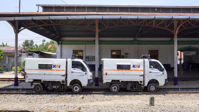 Track inspection vehicles (Kendaraan Pemeriksa Jalur Rel / KPJ) of Kereta Api Indonesia (KAI) stopped on the railway track at historic Gundih Station in Grobogan, Central Java, Indonesia.