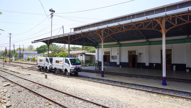 Track inspection vehicles (Kendaraan Pemeriksa Jalur Rel / KPJ) of Kereta Api Indonesia (KAI) stopped on the railway track at historic Gundih Station in Grobogan, Central Java, Indonesia.