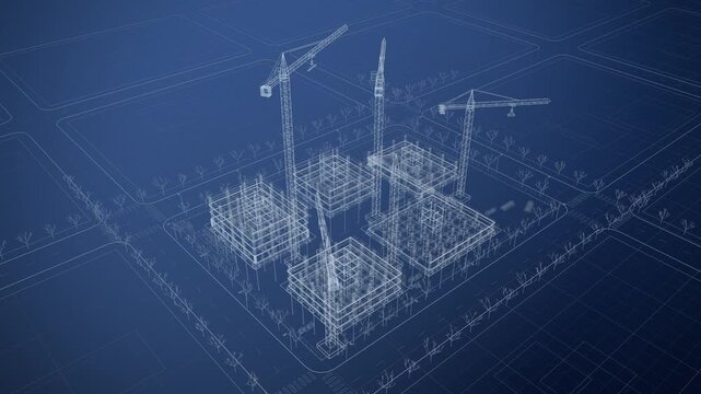 Wireframe buildings rise floor by floor from an architectural blueprint, 3D animation for BIM, urban development and construction planning