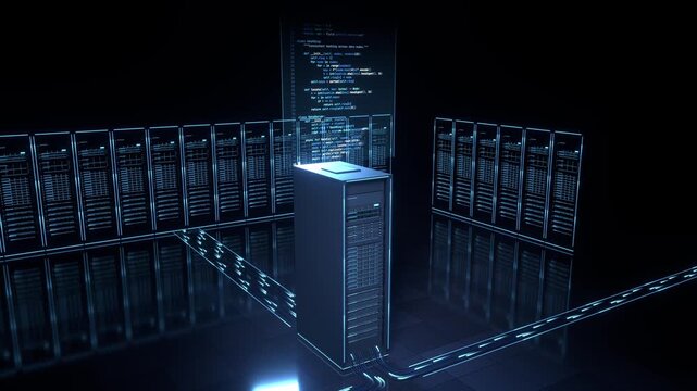 Central server executes code across connected data center racks, 3D animation for cloud infrastructure and distributed computing