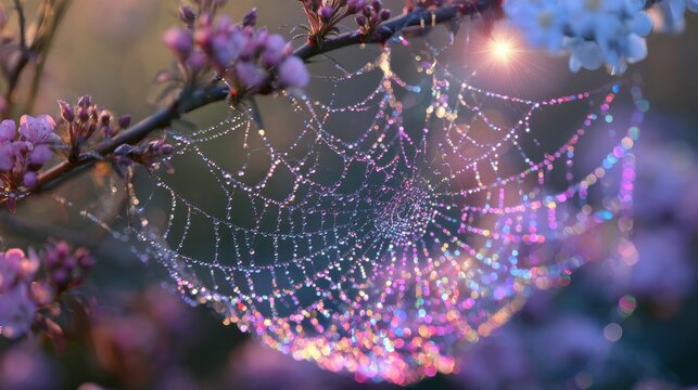 Sparkling dew drops on delicate spider web at sunrise macro photography with colorful bokeh light effects, spring pink blossom flowers branch, soft nature background, magical outdoor