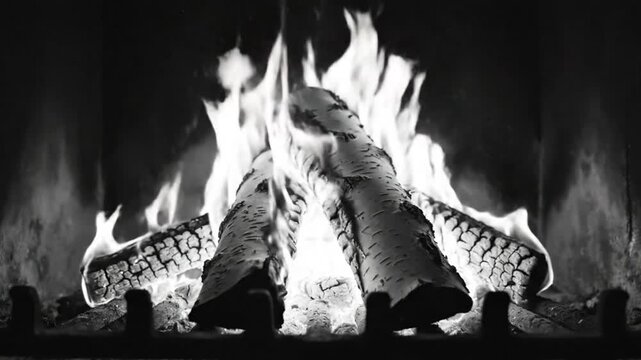 Cozy Black and White Fireplace Scene with Burning Birch Logs, Emphasizing Warmth and Relaxation