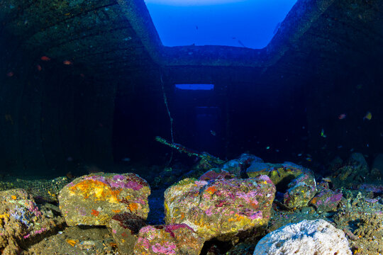 Encrusted rocks and corals inside sunken ship hold, deep blue light filtering through deck openings into dark interior forming artificial reef habitat
