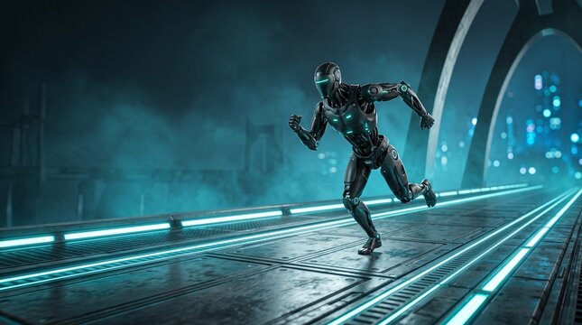 A dark metallic robotic runner speeding across a glowing futuristic bridge structure illuminated by neon lights and atmospheric mist in a cyberpunk city
