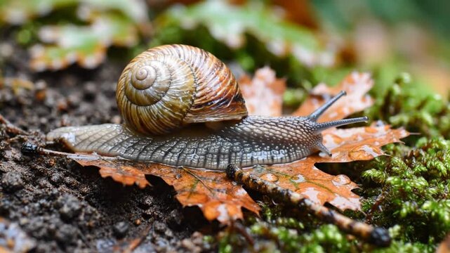 Close up view of snail moving across autumn leaf and forest ground with water sounds