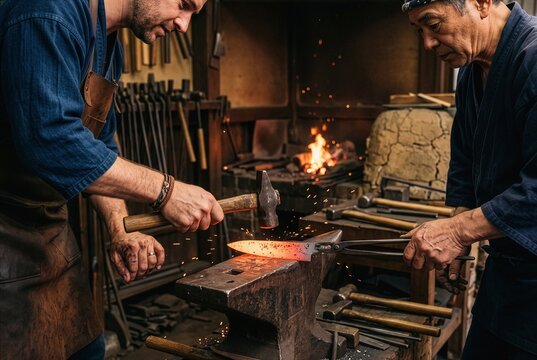Close up of foreign tourist forging Japanese knife with blacksmith 