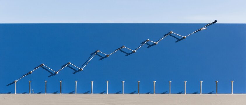 Financial graph uptrend line chart created with taut thread and polished pins on a bright blue board, featuring hard shadows and copy space