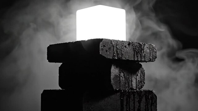 Abstract minimalist composition of illuminated cube on dark bricks surrounded by smoke effect in monochrome