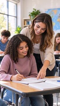 Teacher assisting a smiling schoolgirl with handwritten work at a classroom desk, while classmates study in the background, illustrating personalized learning and education.