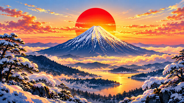 Snow-covered mount fuji at sunrise with glowing red sun and golden clouds over mountain lake landscape