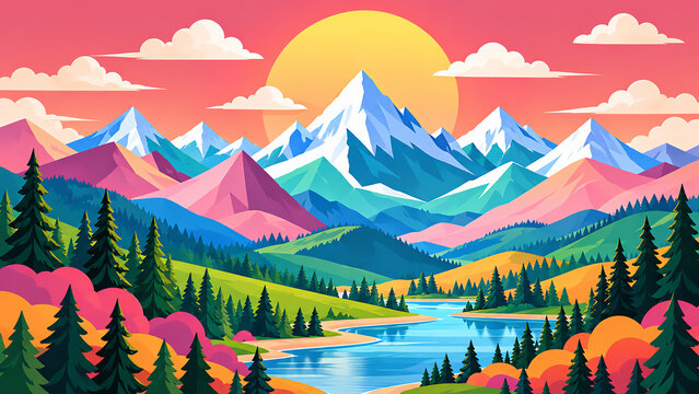 Sunrise over a colorful mountain valley with pine trees and river sunset landscape