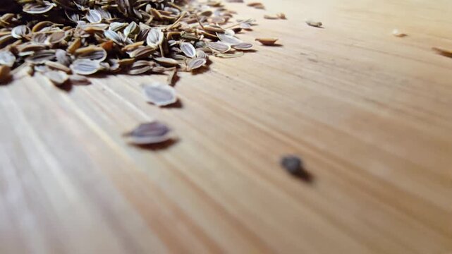 A low-angle macro shot moving smoothly towards a pile of dried dill seeds scattered on a wooden cutting board