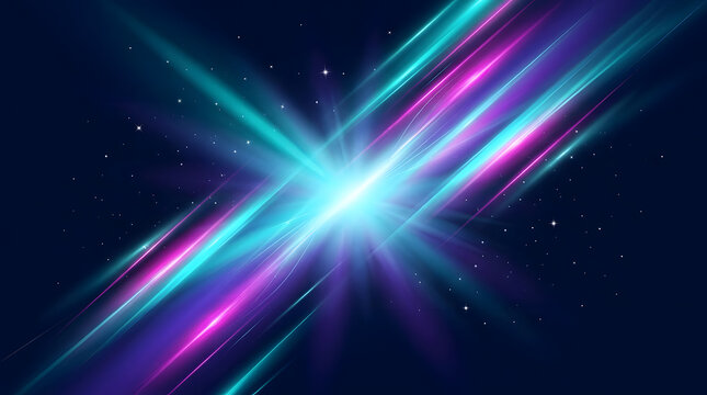 Vibrant abstract digital illustration of radiant neon light beams in cyan and magenta crossing a deep dark blue cosmic background with scattered stars, creating a futuristic energetic mood ideal
