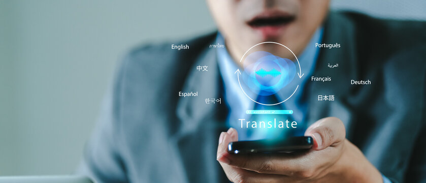 AI translation technology concept, person uses smartphone with multilingual voice assistant for real time language communication, AI, translation, language, voice, communication