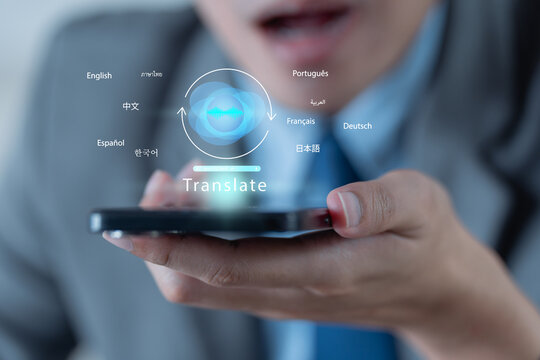 AI translation technology concept, person uses smartphone with multilingual voice assistant for real time language communication, AI, translation, language, voice, communication