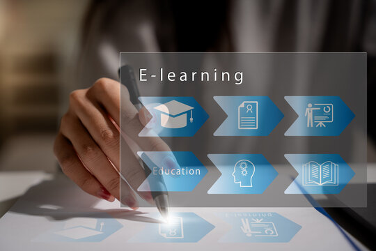 Concept of Online education. man use Online education training and e-learning webinar on internet for personal development and professional qualifications. Digital courses to develop new skills.