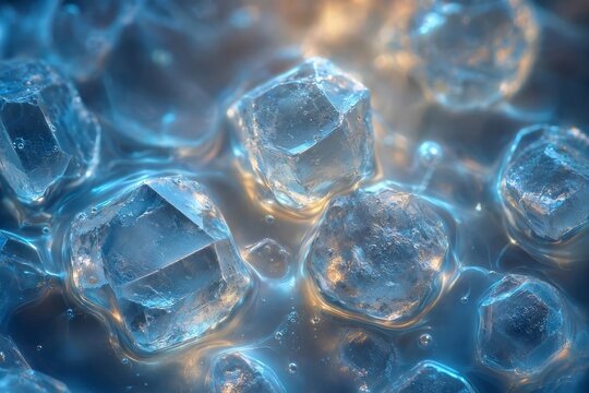 Microscopic view of salt crystals dissolving in a glowing liquid