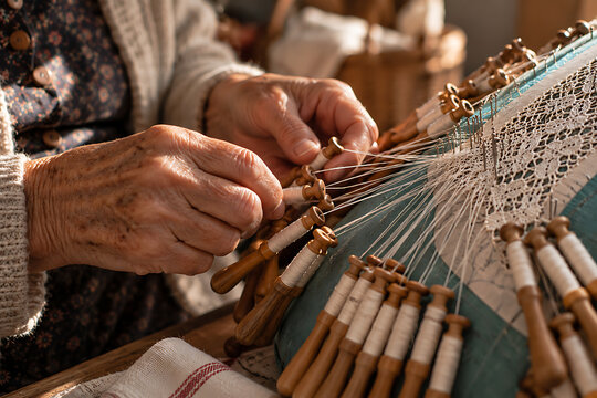 Close up of elderly woman's hands making traditional bobbin lace with wooden bobbins