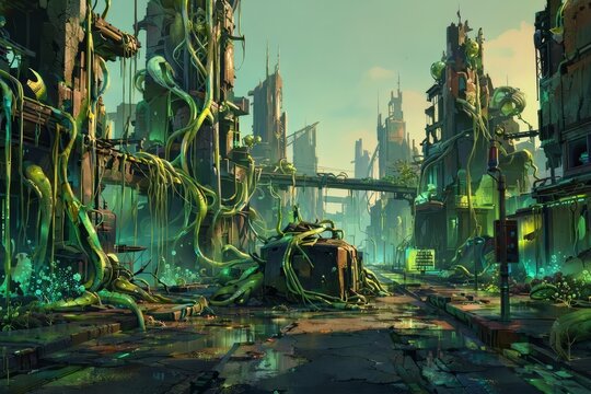 Post-apocalyptic alien city street overgrown with alien vines fu