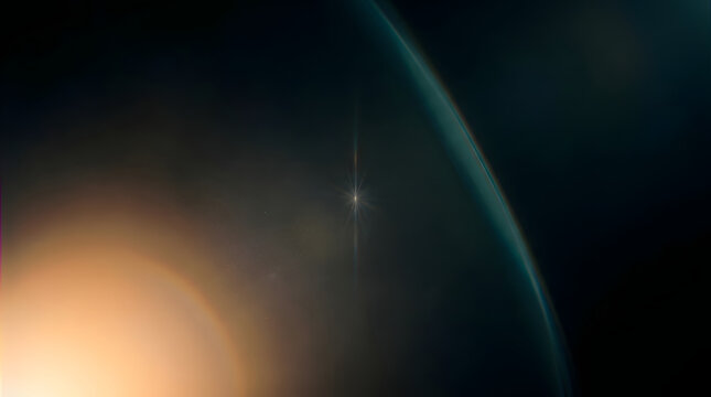 Cinematic close-up of a glowing planet horizon with warm orange sunlight and cool teal atmospheric haze, featuring a bright star flare against deep black space, ideal for science fiction backgrounds