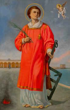 Painting (19th century) of Saint Lawrence of Rome or Saint Laurent de Rome. Saint of the Roman Catholic Church.