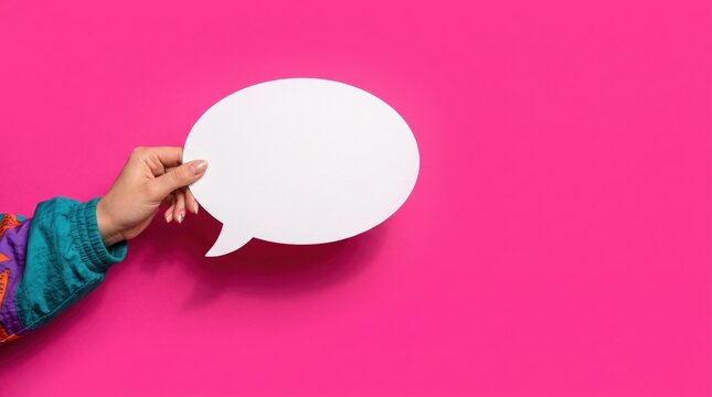 Woman hand holding white speech bubble isolated on pink background