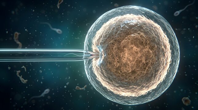 Microscopic view of human egg cell being fertilized by sperm, science and reproduction concept.