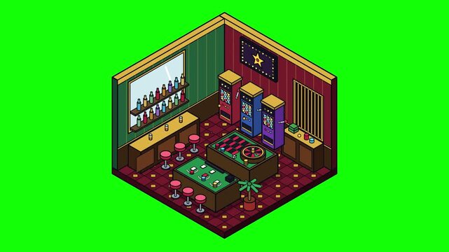 Isometric Casino Interior Green Screen Animation With Slot Machines And Gaming Tables For Gambling Game Asset Design