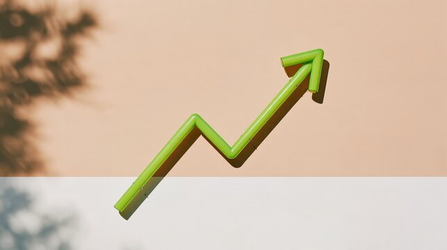 Glowing green glass rising arrow mounted on a two-tone wall with soft shadows and ample copy space for business growth presentations