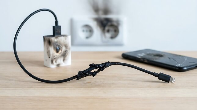 Damaged smartphone charging cable and adapter with smoke rising from burnt electrical outlet on wooden table, representing electrical hazard and fire risk.