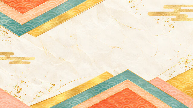 Traditional japanese seigaiha wave pattern background, with geometric layers, gold foil accents, and watercolor paper texture