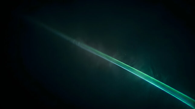 A luminous green light streaks diagonally across a dark atmospheric background creating a dramatic abstract composition with soft glowing edges and a mysterious mood ideal for technology and science