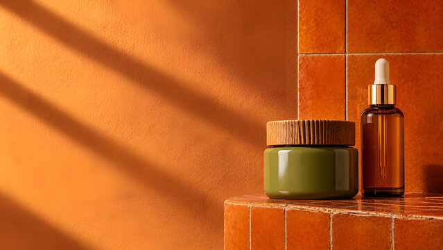 Terracotta tile skincare campaign banner with amber dropper and olive green cream jar