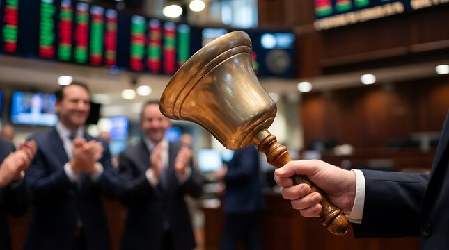 Close up of person hand holding a large bronze bell at the stock market with blurred background of trading floor screen and executive men applauding success.