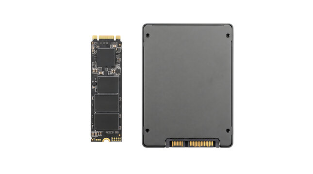 Solid state drive storage components, m.2 nv me stick and 2.5 inch sata ssd drive, computer hardware data storage devices on black background isolated on a transparent background