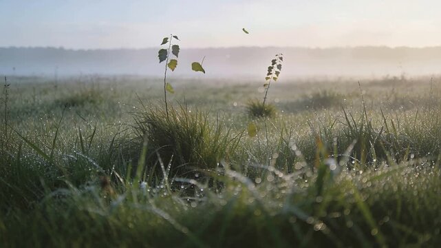 Swaying in breeze, grass clump with two saplings releasing yellow leaves at dawn, with dewdrops
