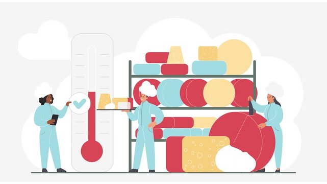 Cheese storage concept reveals tiny dairy workers beside stocked shelves, checking temperature with a giant thermometer while handling cheese wheels, wedges and samples in an animated illustration