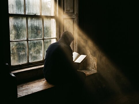Silueta de persona leyendo en un rinc&oacute;n de ventana polvorienta con rayo de luz del sol atravesando 