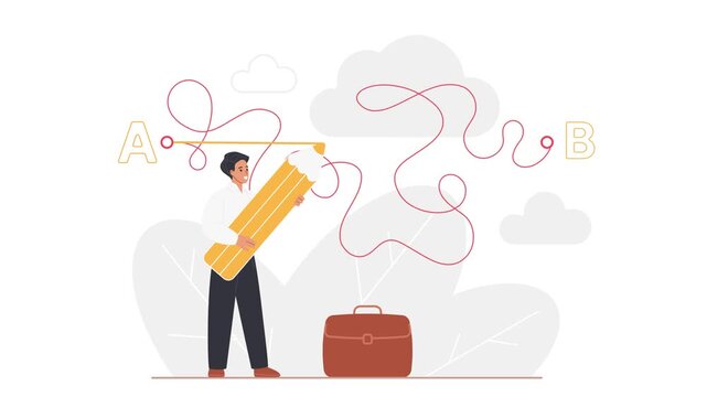 Shortcut concept showing a business man drawing a straight yellow line beside a tangled route from A to B with an oversized pencil, isolated on white background animated illustration