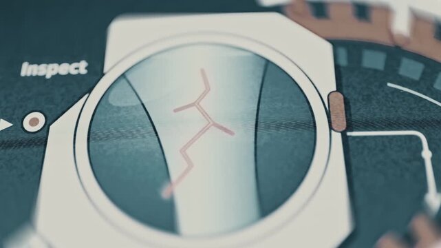 Inspection scan crosses cracked specimen inside circular window