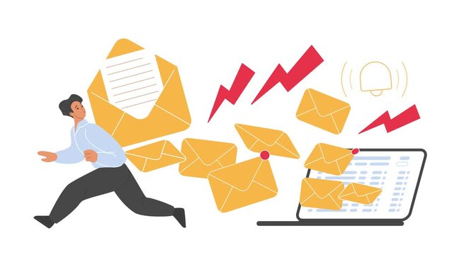 Email overload concept with a man fleeing a laptop as unwanted messages multiply around flashing alerts, depicting digital stress, isolated on white background animated illustration