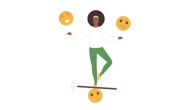 Emotional regulation concept with a serene Black woman balancing on a gently rocking plank between floating happy and angry faces, isolated on white background animated illustration